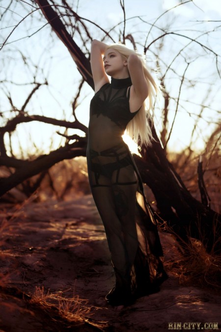 Model RinArkham, cosplay, tattooed, in nature, blonde (erotic)