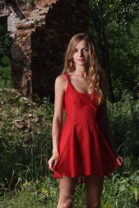 in a red dress and without