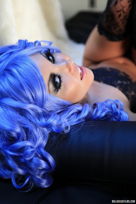 With Blue Hair Wearing Black Lingerie