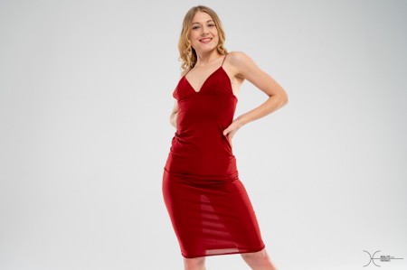 Nancy Grey In a red dress